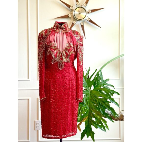Distinee Dresses & Skirts - Vintage Beaded Red Evening Dress |  Hollywood Glamour Dress | Red Beaded Dress